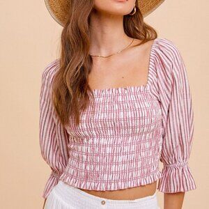 HEM & THREAD Red Striped Smocked Puff Sleeve Top, Square Neck Boho Blouse